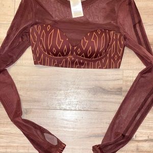 Ivy Park Adidas Mesh Monogram Crop Top Long Sleeve Brown Size XSmall